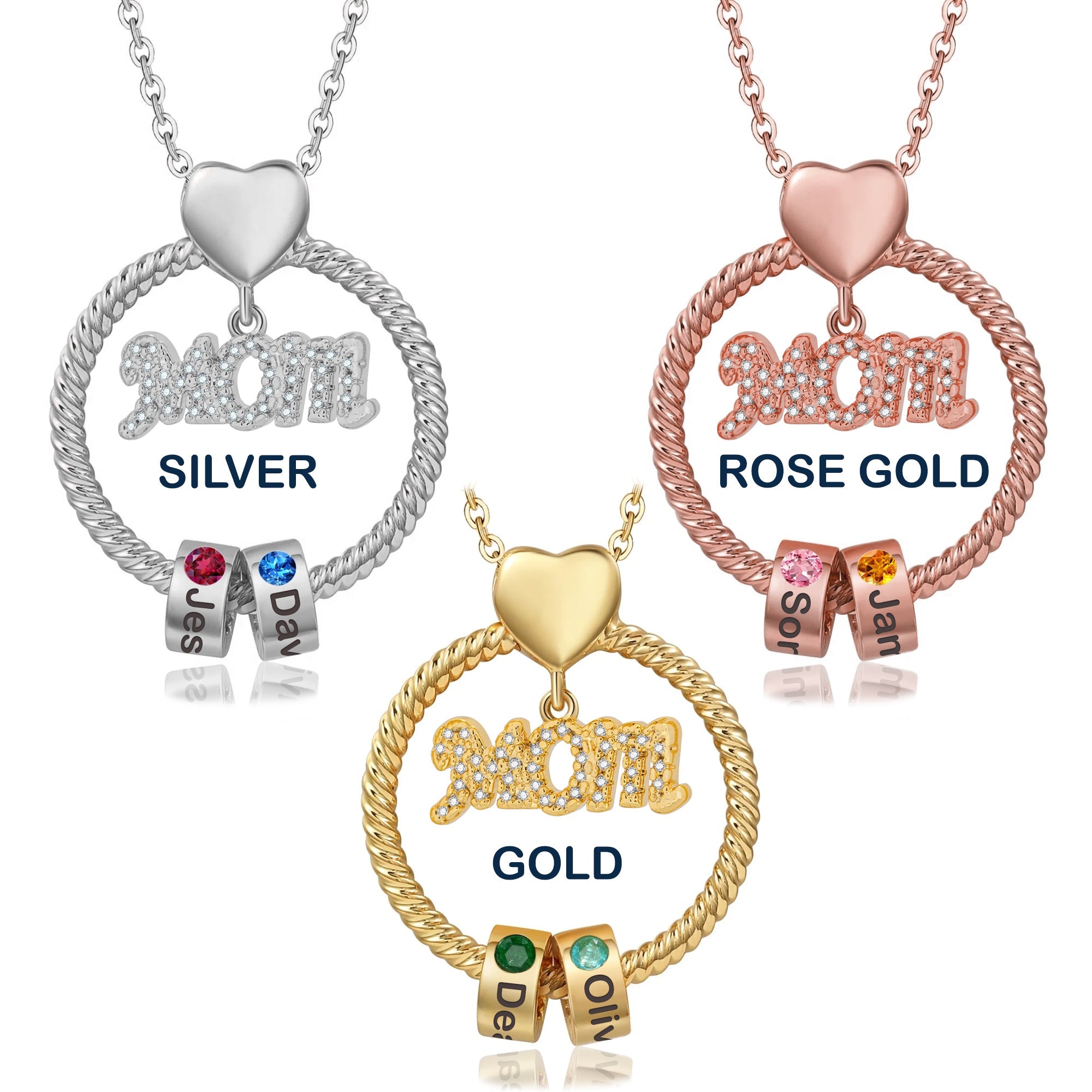 Personalized Circle Pendant Necklace with Engraved Names & Birthstone Beads - Regal Collective