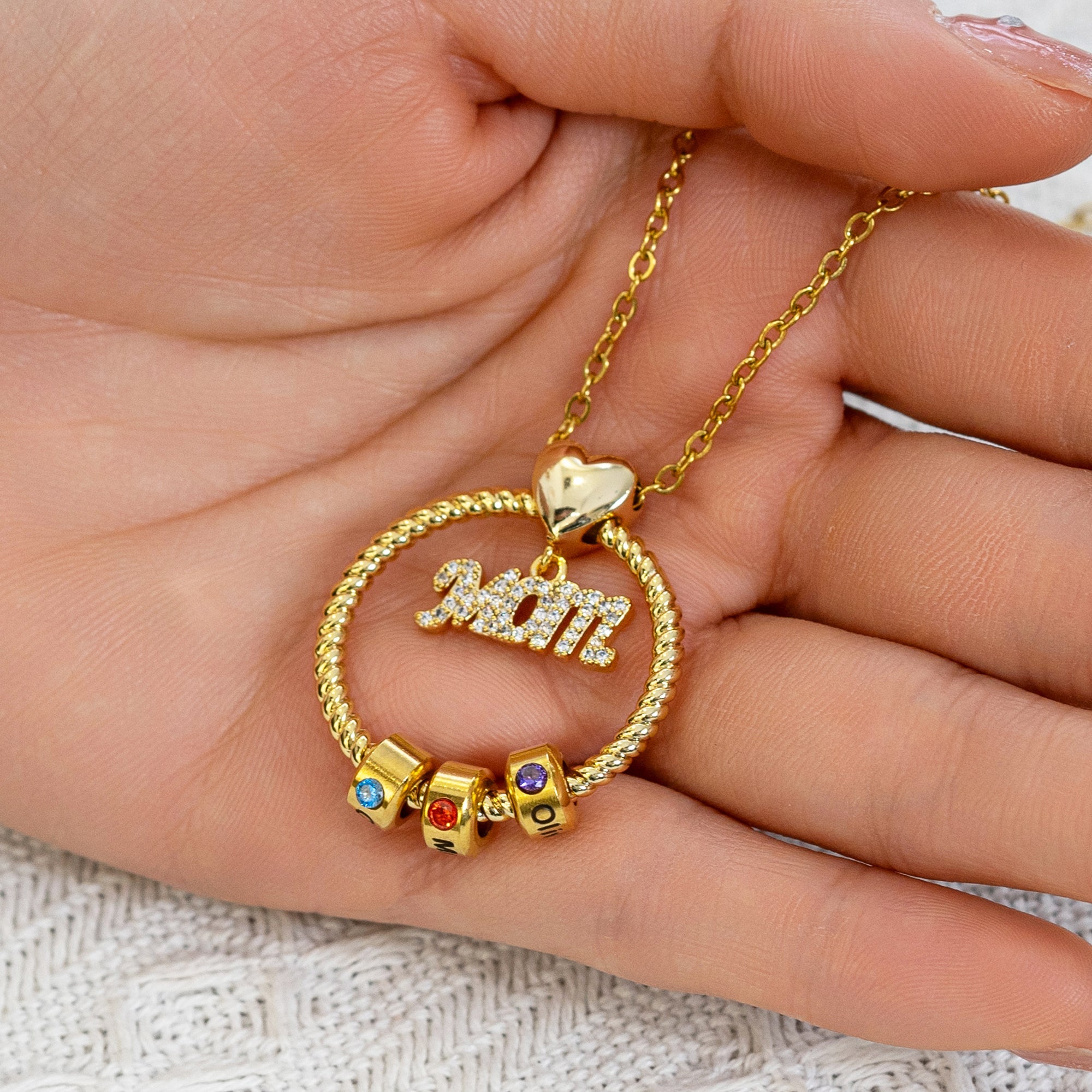 Personalized Circle Pendant Necklace with Engraved Names & Birthstone Beads - Regal Collective