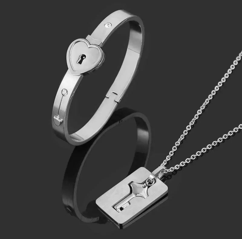 Silver Heart Lock And Key Stainless Steel Couple Bracelet